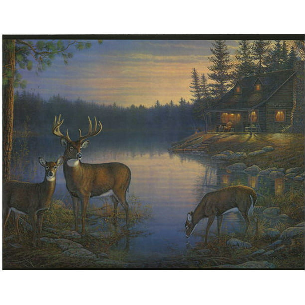 Wallpaper Border Whitetail Deer in Forest Pine Trees Mountains Faux Wood Trim